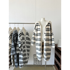 批发韩系慵懒风撞色条纹连帽长袖毛衣宽松长款针织开衫外套