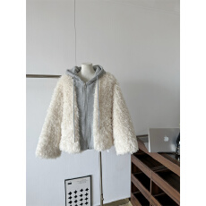 批发毛毛外套女款秋冬2025新款连帽假两件棉衣白色棉袄加绒棉服