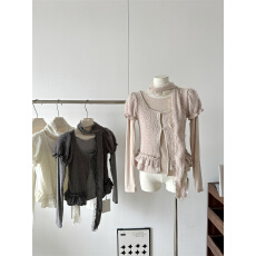 批发甜美风长袖毛衣叠穿泡泡袖荷叶边针织短裙女秋冬季<b class='q'>蕾丝</b>围巾三件套