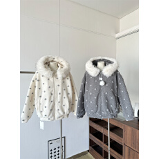 批发霍里德地图 “晚安兔子”波点可拆卸毛领连帽夹棉毛呢卫衣外套