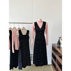 批发【珍珠璀璨】韩版V领丝绒<b class='q'>连衣裙</b>女<b class='q'>中长</b>款温柔秋冬修身长裙