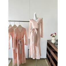 批发蕴意国风新中式粉黄丝鱼尾裙温婉优雅修身显瘦旗袍裙子