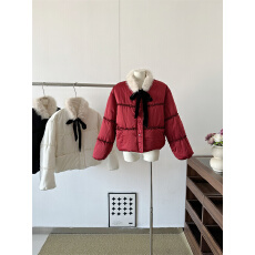 新年红狐狸毛领围脖木耳边羽绒棉服女冬季2025年新款小个子短款