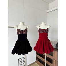 批发顶美打造 重工款V领时髦收腰显瘦百搭丝绒吊带<b class='q'>连衣裙</b>