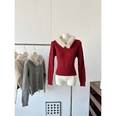 批发美式圣诞红色麻花毛领套头<b class='q'>毛衣</b>女秋冬高级感纯欲显瘦针织打底上衣