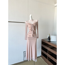 批发2025秋冬新款粉色法式重工蕾丝拼接网纱烫钻加绒<b class='q'>长袖</b><b class='q'>连衣裙</b>子