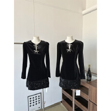 批发赫本千金风亮片<b class='q'>丝绒</b>黑色<b class='q'>连衣裙</b>年会生日party礼裙圣诞穿搭