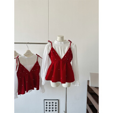 批发新年红色<b class='q'>吊带</b><b class='q'>背心</b>白色衬衫女叠穿两件套冬装2025韩系氛围感一整套