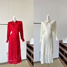 批发东方之美 立领翻领两穿蕾丝旗袍加绒连衣裙+镂空蕾丝开衫