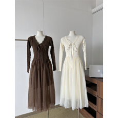 批发从一时刻木上痕清冷感假两件连衣<b class='q'>裙</b>V领蕾丝拼接网纱大摆气质长<b class='q'>裙</b>