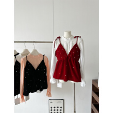 批发甜美风白色<b class='q'>长袖</b>宽松衬衫叠穿系带珍珠背心两件套