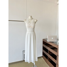 批发怦然心动多种穿法夏装白月光收腰白色网纱<b class='q'>雪纺</b>连衣<b class='q'>长裙</b>