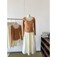 批发韩系穿搭一整套撞色拼接<b class='q'>修身</b>手工珠片假两件长袖+半身裙两件套装