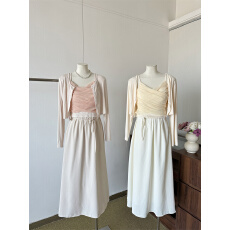 批发春款新款温柔小韩粉色<b class='q'>网纱</b>拼接吊带开衫系带半裙三件套