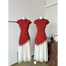 批发赤纱谣'新中式红色<b class='q'>流苏</b>旗袍女早春漂亮拼接假两件<b class='q'>连衣裙</b>