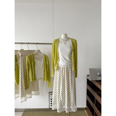 批发春季V领<b class='q'>蕾丝</b>边背心针织开衫波点半身裙三件套女显瘦百搭