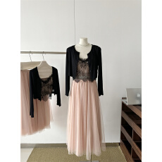 批发柔媚性感薄纱披肩衫<b class='q'>蕾丝</b>背心吊带网纱半裙三件套装