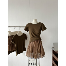 批发温柔风套装咖色正肩短袖T恤女装夏季波点半身裙网纱<b class='q'>蓬蓬</b>裙两件套