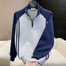 批发2025秋冬新款<b class='q'>男士</b>高级感加绒立领套头卫衣拼接半拉链时尚拼色上衣