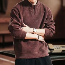 批发百搭<b class='q'>潮</b>牌宽松休闲小众半开领卫衣秋冬新款肌理感重磅拉链上衣