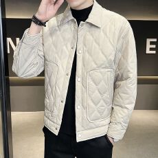 批发高级感菱格翻领夹克<b class='q'>外套</b><b class='q'>男士</b>秋冬新款<b class='q'>休闲</b>时尚百搭保暖轻薄棉服