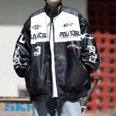批发拼色印花pu皮外套男士<b class='q'>秋</b>季宽松立领机车服皮衣美式潮流高级感夹克