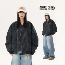 批发美式复古皮衣外套男款春<b class='q'>秋</b>季设计感扎染pu皮夹克潮牌飞行员棒球服