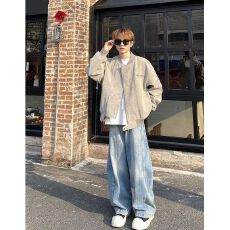 美式复古扎染PU皮夹克男女春秋款潮牌宽松休闲立领情侣外套潮上衣