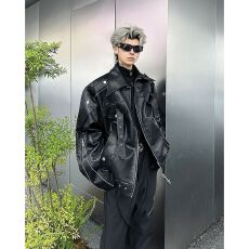 休闲解构拉链皮衣男女春秋季美式潮流pu皮夹克宽松痞帅机车服外套