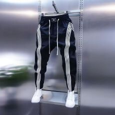 批发2026男士拼接新款拼条束休闲裤<b class='q'>潮</b>流青少年速干条纹小脚脚裤