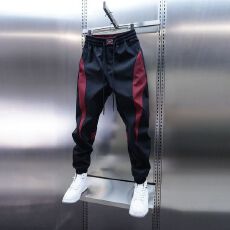 批发新款男款裤子春秋款潮牌小脚九分裤拼接男裤红色休闲裤束脚哈伦裤