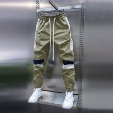 批发男士新款拼色束脚休闲裤春夏薄款松紧腰拼接小脚裤潮款时尚哈伦裤