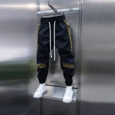 批发休闲裤春夏薄款男士新款拼色束脚松紧腰拼接小脚裤潮款时尚哈伦裤