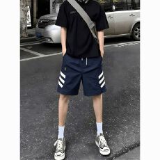 批发拼接条纹休闲裤宽松新款2026<b class='q'>夏</b>季短裤男士撞色松紧腰皮织带潮短裤