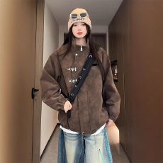 批发雾面扎染立领夹克男女款高级感痞帅飞机扣外套<b class='q'>春</b>秋美式复古棒球服