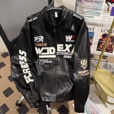 批发酷感十足街头风春秋美式复古高街赛车服皮衣夹克刺绣机车立领外套