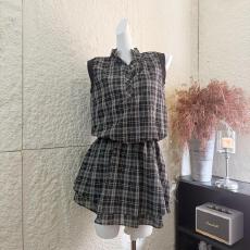 批发灰伯克利小镇复古格纹花苞连衣裙女装2026夏拼接a字短裙子