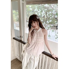 批发银河汽水半夏粉色蕾丝花边少女感<b class='q'>立领</b>挂脖衬衫无袖小个子上衣