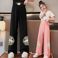 批发女<b class='q'>童裤</b>子夏季新款中国风阔脚裤冰丝新中式国潮直筒裤女孩薄款长裤