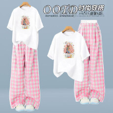 批发女童短袖套装夏季韩版女孩薄款T恤格子裤两件套大童休闲阔腿裤子