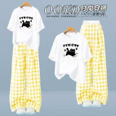 批发女童短袖套装夏季韩版女孩薄款T恤格子裤两件套大童休闲阔腿裤子