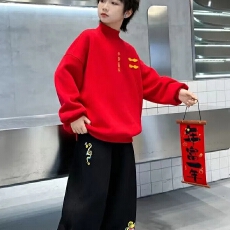 批发2025<b class='q'>童</b>装冬季儿<b class='q'>童</b>加绒加厚拜年服红色<b class='q'>套装</b>面料仿棉华棉复羊驼绒