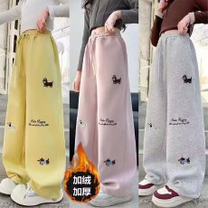 批发女童裤子春秋款2025新款刺绣卫裤洋气时髦两穿女大童休闲阔腿裤潮