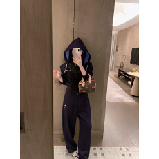 批发藏蓝色拼接格子连帽<b class='q'>卫衣</b>外套<b class='q'>女</b>秋季新款宽松休闲裤<b class='q'>套装</b>