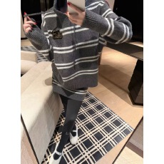 学院风百搭宽松连帽条纹针织毛衣外套套装显瘦针织半身裙