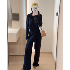 批发学院风两件套字母口袋拼接Polo领针织衫上衣女加绒加厚<b class='q'>套装</b>阔腿裤