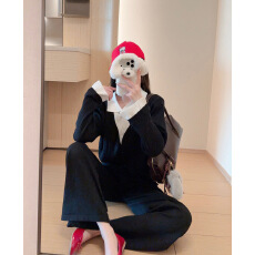 批发黑白拼接<b class='q'>假两件</b>宽松毛衣长裤套装女早春新款Polo领<b class='q'>针织衫</b>两件套