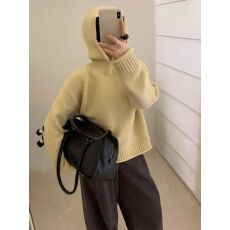 批发设计感半高领连帽纯色套头毛衣<b class='q'>女</b>秋冬慵懒宽松加厚软糯<b class='q'>针织衫</b>上衣