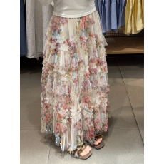 批发实拍  钉珠不规则印花高腰半身<b class='q'>裙</b>新款大摆<b class='q'>网纱</b>显瘦温柔风长<b class='q'>裙</b>