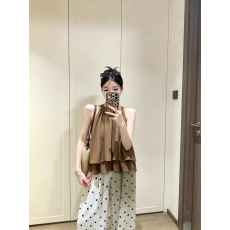 批发实拍  纯色挂脖双层荷叶边背心衬衫无袖上衣